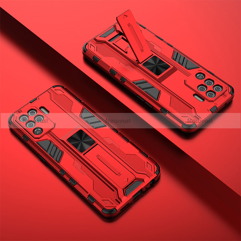 Silicone Matte Finish and Plastic Back Cover Case with Magnetic Stand T01 for Oppo Reno5 F Red