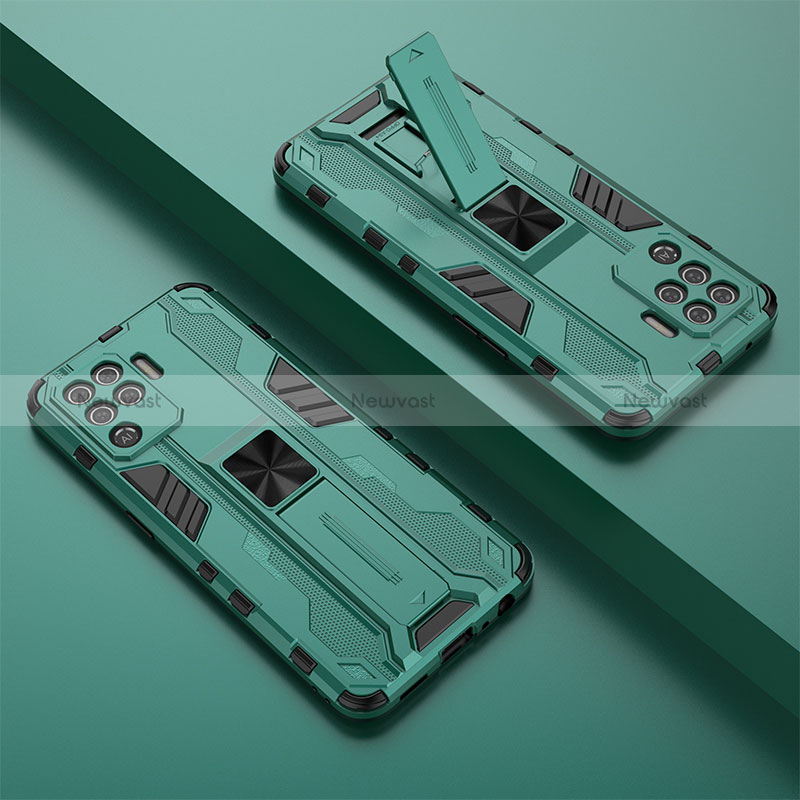 Silicone Matte Finish and Plastic Back Cover Case with Magnetic Stand T01 for Oppo Reno5 Lite Green