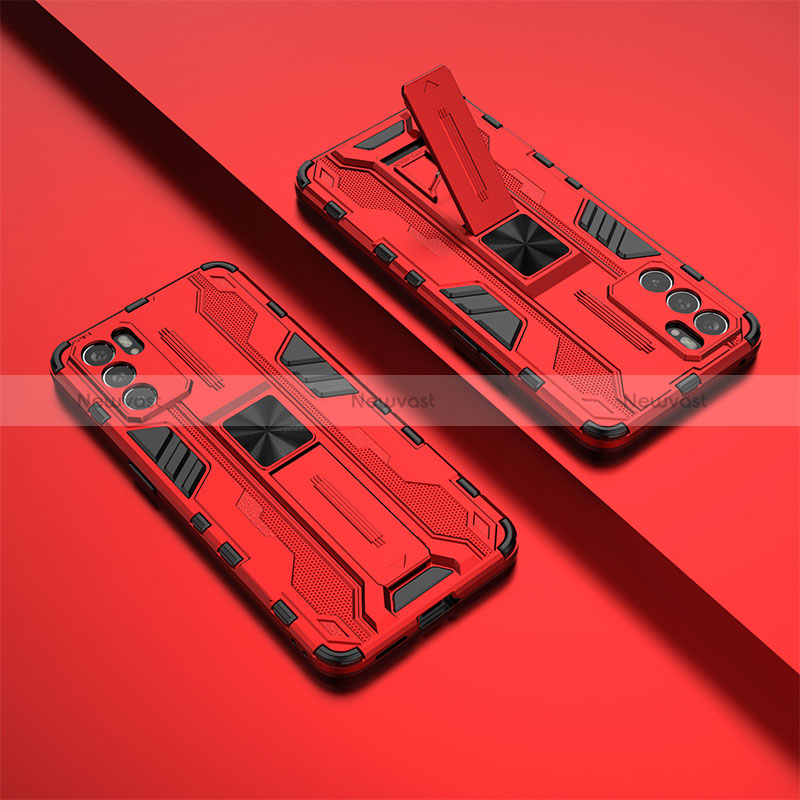 Silicone Matte Finish and Plastic Back Cover Case with Magnetic Stand T01 for Oppo Reno6 5G Red