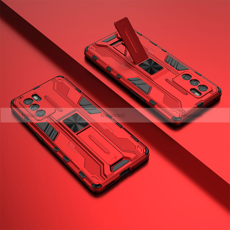 Silicone Matte Finish and Plastic Back Cover Case with Magnetic Stand T01 for Oppo Reno6 Pro 5G India Red