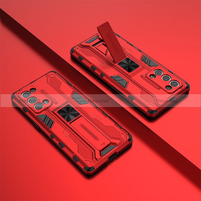 Silicone Matte Finish and Plastic Back Cover Case with Magnetic Stand T01 for Oppo Reno6 Pro+ Plus 5G Red