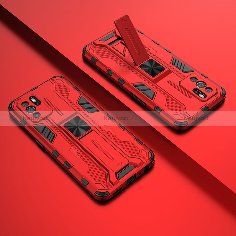 Silicone Matte Finish and Plastic Back Cover Case with Magnetic Stand T01 for Oppo Reno6 Z 5G Red