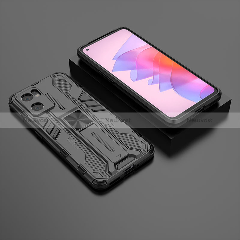 Silicone Matte Finish and Plastic Back Cover Case with Magnetic Stand T01 for Oppo Reno7 SE 5G Black