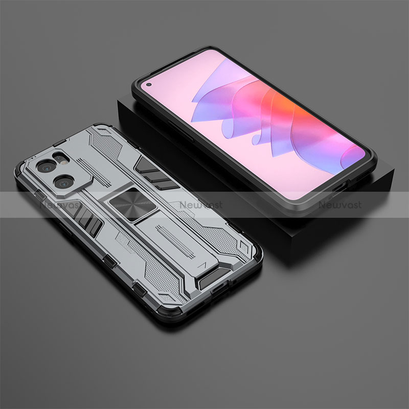 Silicone Matte Finish and Plastic Back Cover Case with Magnetic Stand T01 for Oppo Reno7 SE 5G Gray