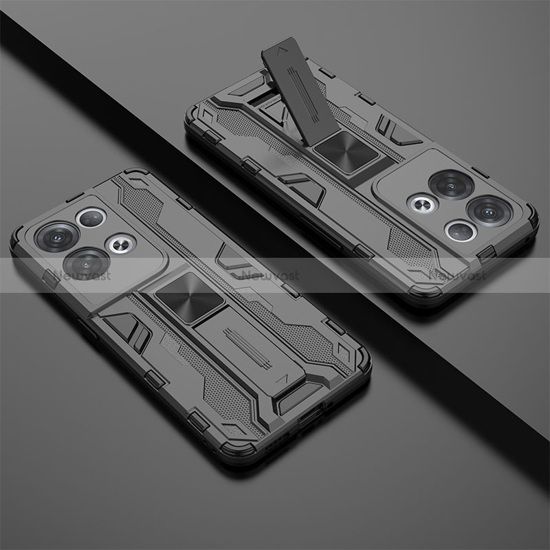 Silicone Matte Finish and Plastic Back Cover Case with Magnetic Stand T01 for Oppo Reno9 Pro+ Plus 5G Black