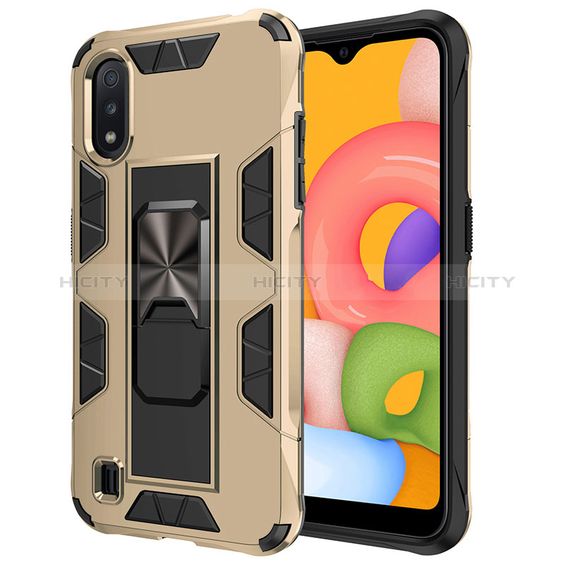 Silicone Matte Finish and Plastic Back Cover Case with Magnetic Stand T01 for Samsung Galaxy A01 SM-A015 Gold