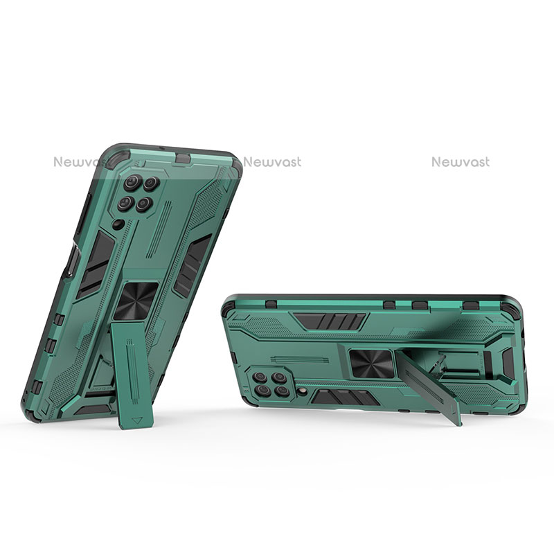 Silicone Matte Finish and Plastic Back Cover Case with Magnetic Stand T01 for Samsung Galaxy A12 Green