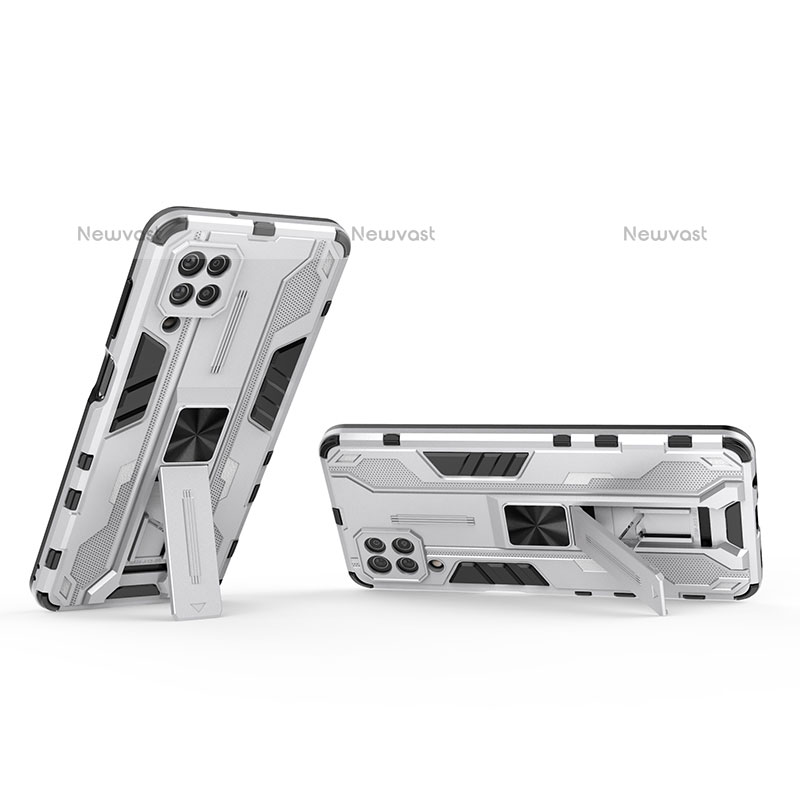 Silicone Matte Finish and Plastic Back Cover Case with Magnetic Stand T01 for Samsung Galaxy A12 White