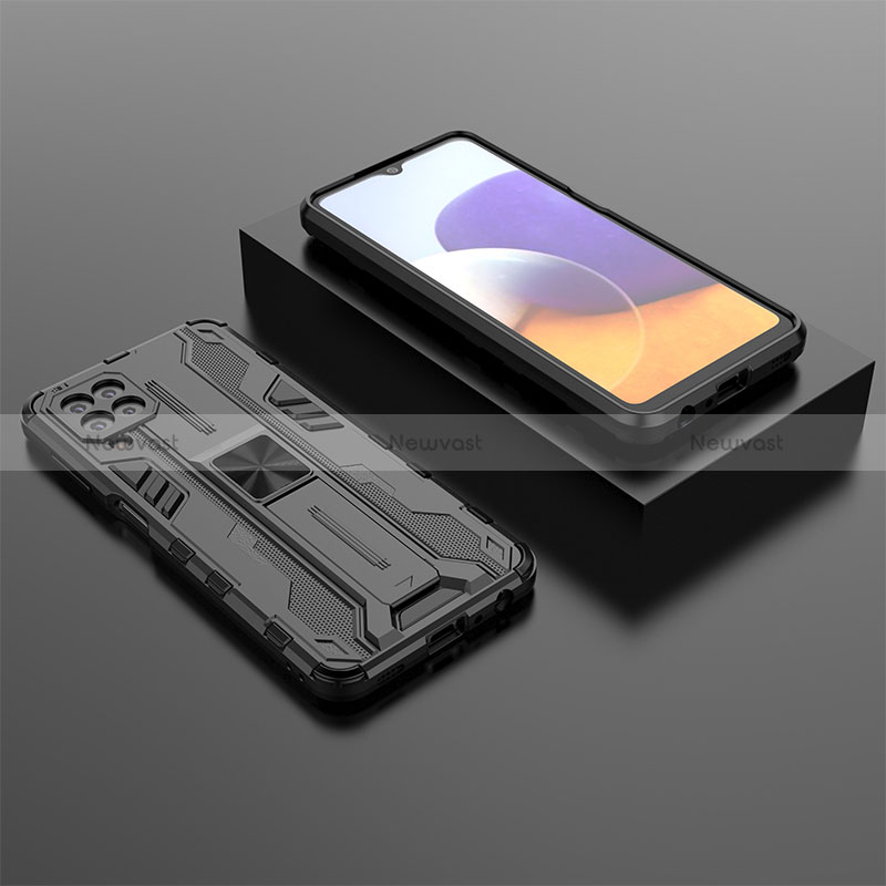 Silicone Matte Finish and Plastic Back Cover Case with Magnetic Stand T01 for Samsung Galaxy A22 4G Black