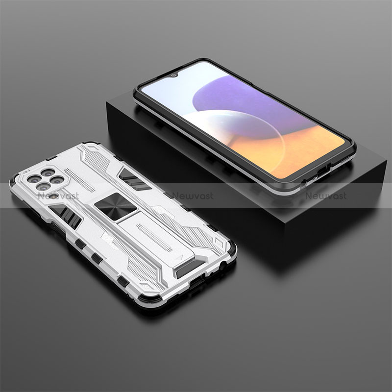 Silicone Matte Finish and Plastic Back Cover Case with Magnetic Stand T01 for Samsung Galaxy A22 4G White