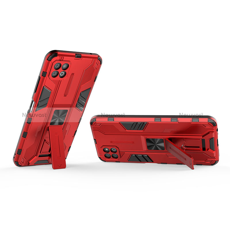 Silicone Matte Finish and Plastic Back Cover Case with Magnetic Stand T01 for Samsung Galaxy A22 5G Red