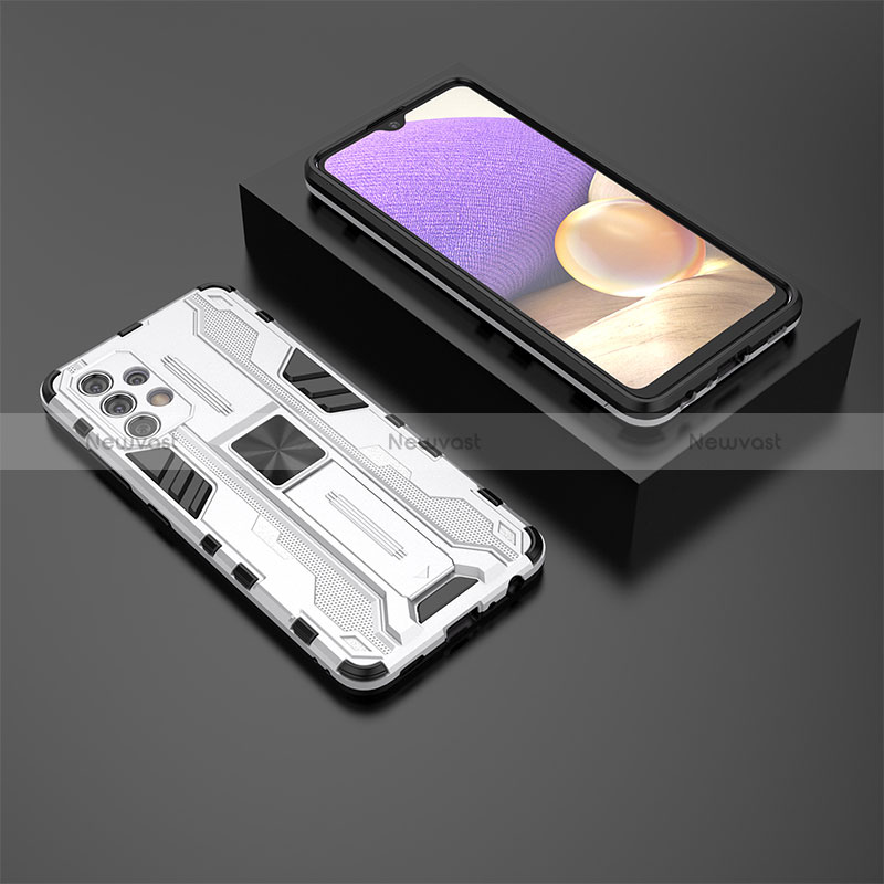 Silicone Matte Finish and Plastic Back Cover Case with Magnetic Stand T01 for Samsung Galaxy A32 4G White