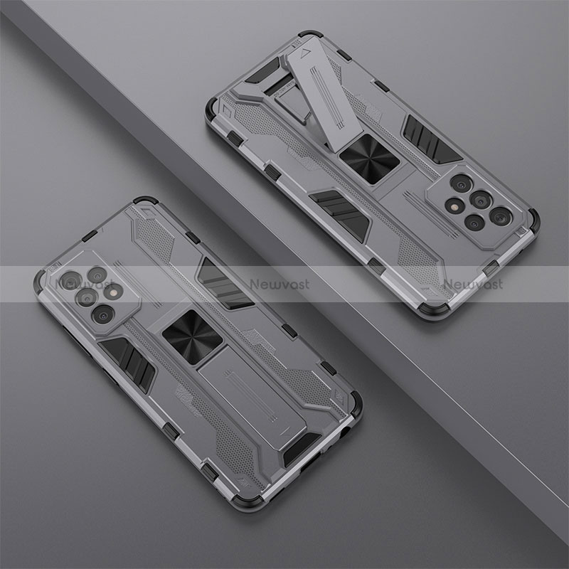 Silicone Matte Finish and Plastic Back Cover Case with Magnetic Stand T01 for Samsung Galaxy A52 4G Gray