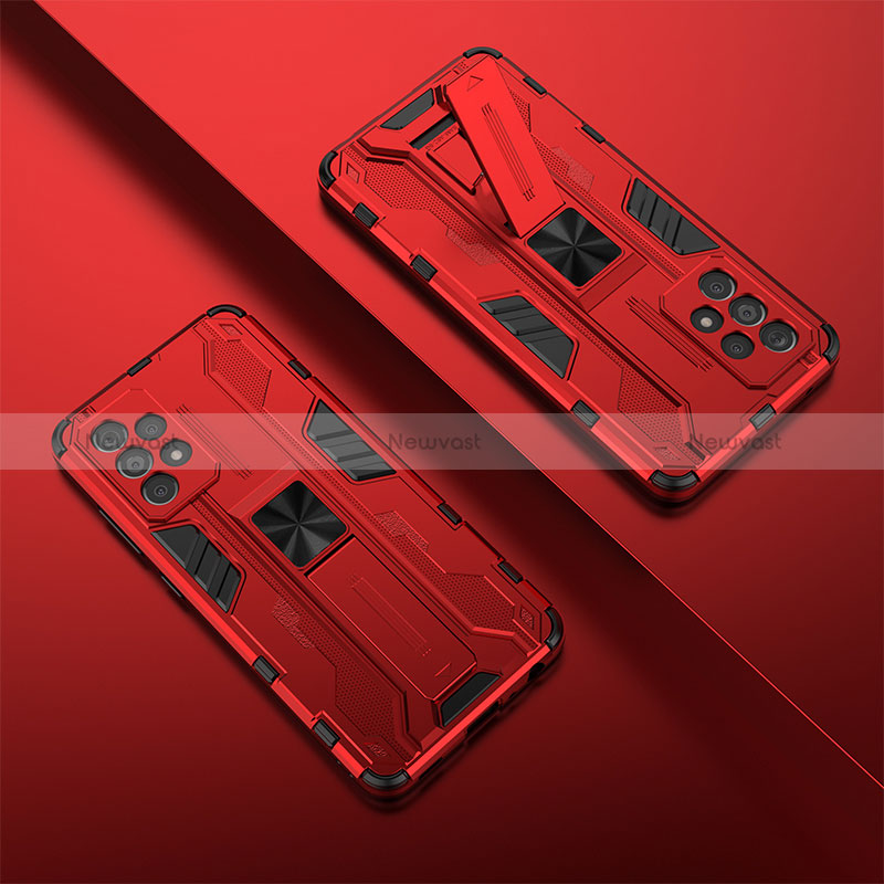 Silicone Matte Finish and Plastic Back Cover Case with Magnetic Stand T01 for Samsung Galaxy A52 5G Red