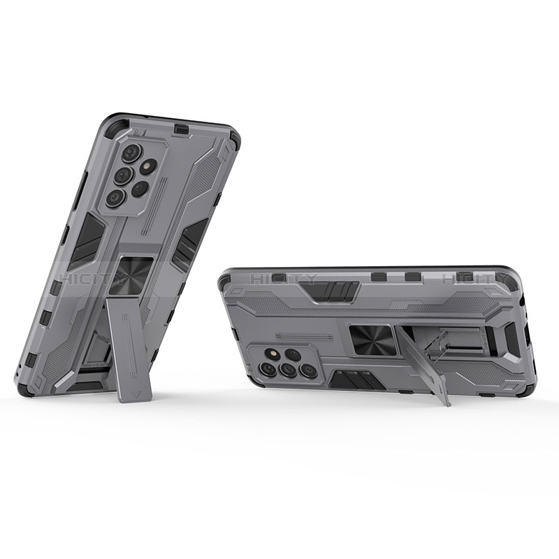 Silicone Matte Finish and Plastic Back Cover Case with Magnetic Stand T01 for Samsung Galaxy A72 5G Gray