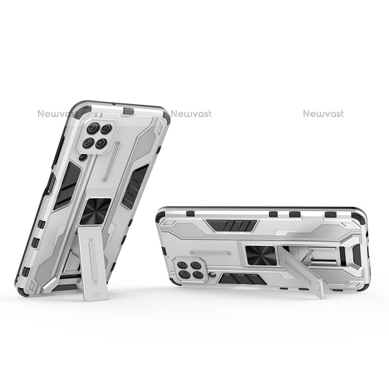 Silicone Matte Finish and Plastic Back Cover Case with Magnetic Stand T01 for Samsung Galaxy F12 White