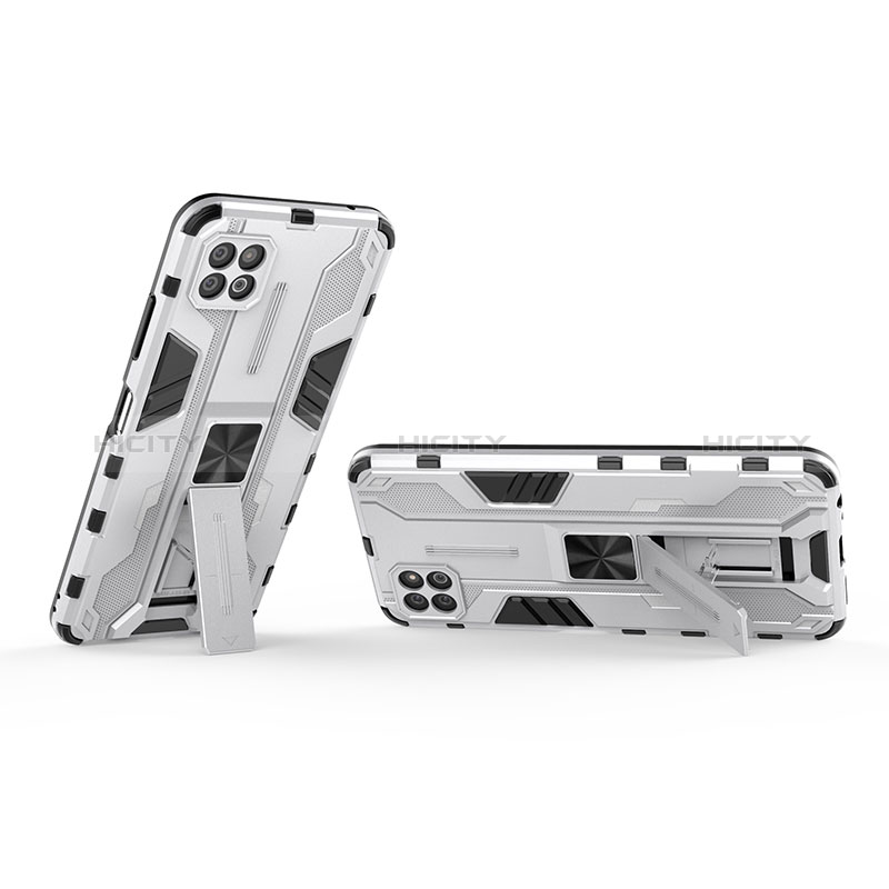 Silicone Matte Finish and Plastic Back Cover Case with Magnetic Stand T01 for Samsung Galaxy F42 5G White