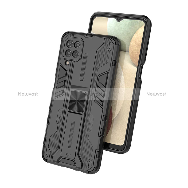 Silicone Matte Finish and Plastic Back Cover Case with Magnetic Stand T01 for Samsung Galaxy M12