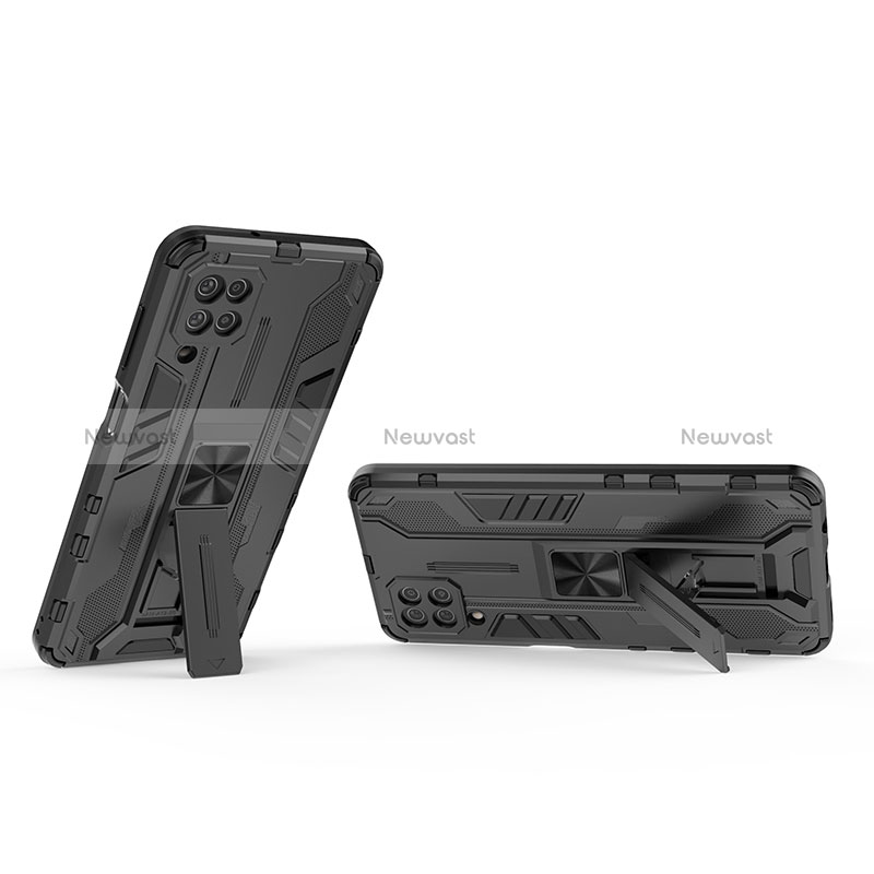 Silicone Matte Finish and Plastic Back Cover Case with Magnetic Stand T01 for Samsung Galaxy M12 Black