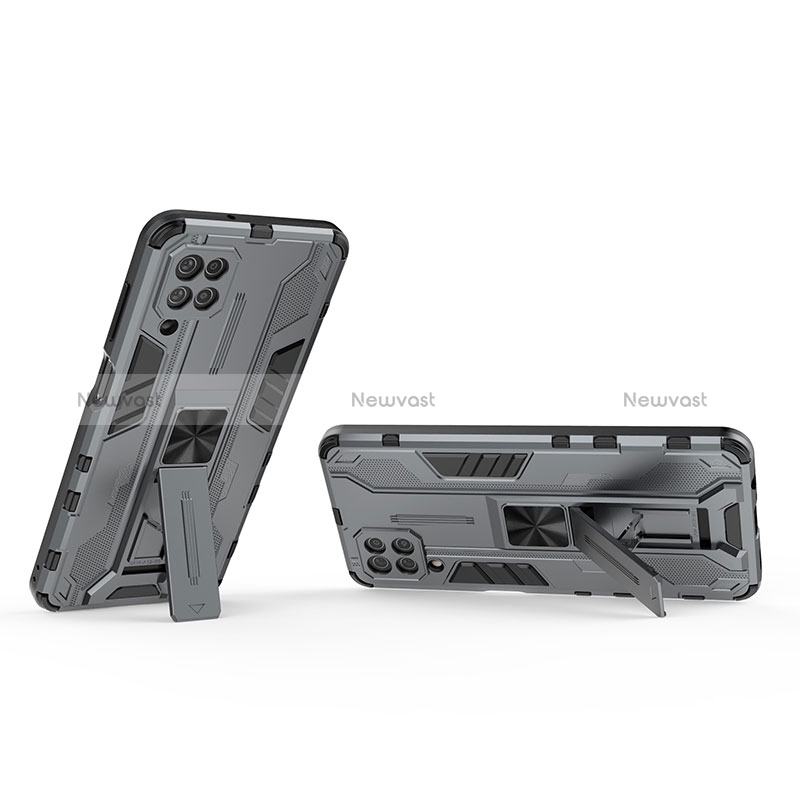 Silicone Matte Finish and Plastic Back Cover Case with Magnetic Stand T01 for Samsung Galaxy M12 Gray