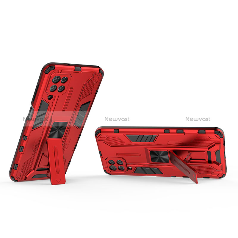 Silicone Matte Finish and Plastic Back Cover Case with Magnetic Stand T01 for Samsung Galaxy M12 Red