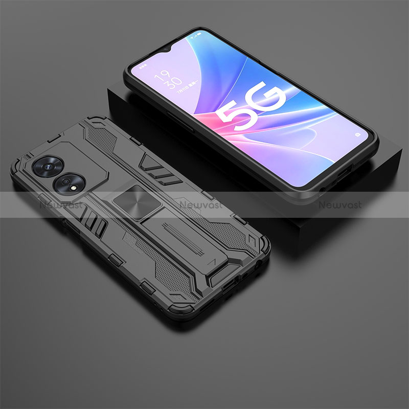 Silicone Matte Finish and Plastic Back Cover Case with Magnetic Stand T02 for Oppo A1 5G Black