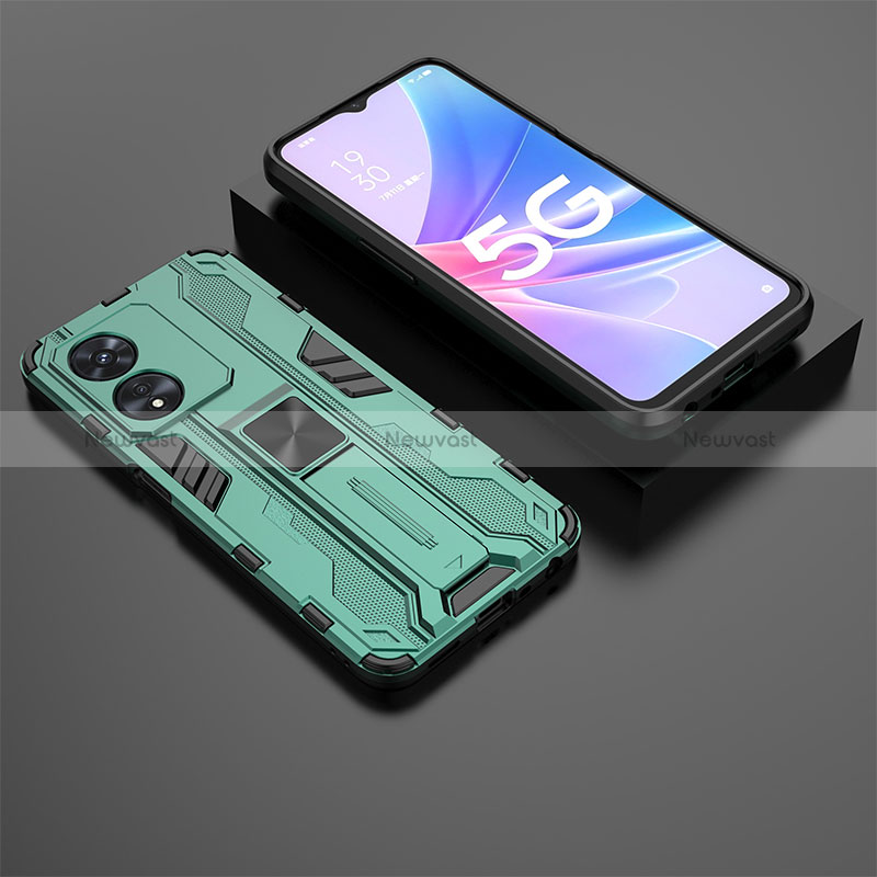 Silicone Matte Finish and Plastic Back Cover Case with Magnetic Stand T02 for Oppo A1 5G Green