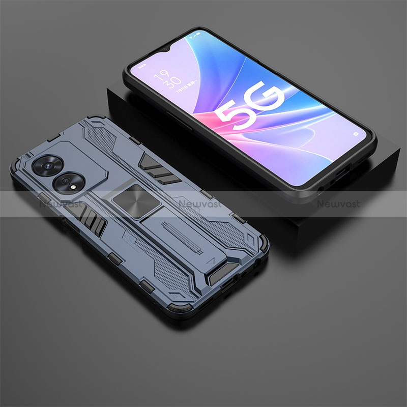 Silicone Matte Finish and Plastic Back Cover Case with Magnetic Stand T02 for Oppo A1 Pro 5G Blue