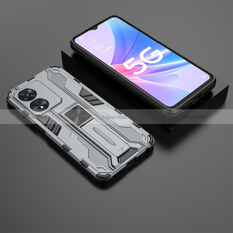 Silicone Matte Finish and Plastic Back Cover Case with Magnetic Stand T02 for Oppo A1x 5G Gray