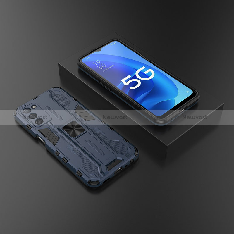 Silicone Matte Finish and Plastic Back Cover Case with Magnetic Stand T02 for Oppo A53s 5G Blue