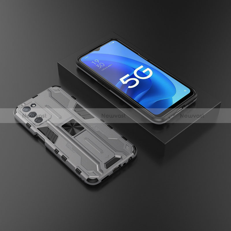 Silicone Matte Finish and Plastic Back Cover Case with Magnetic Stand T02 for Oppo A53s 5G Gray