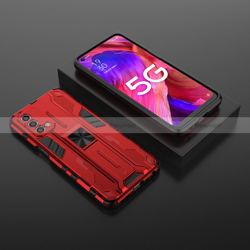 Silicone Matte Finish and Plastic Back Cover Case with Magnetic Stand T02 for Oppo A54 5G Red