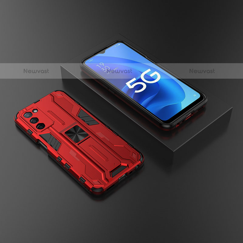 Silicone Matte Finish and Plastic Back Cover Case with Magnetic Stand T02 for Oppo A55 5G Red