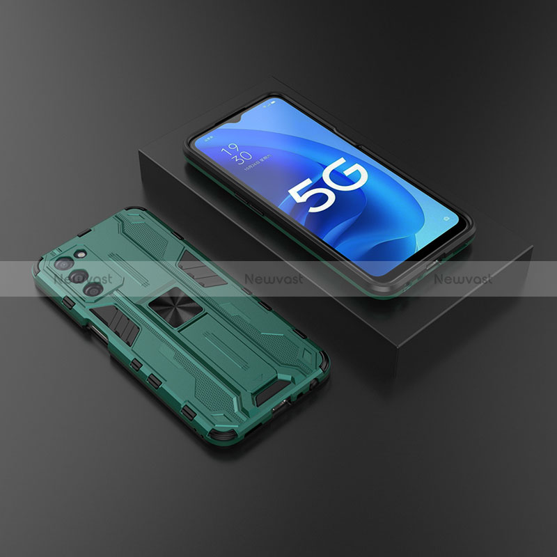 Silicone Matte Finish and Plastic Back Cover Case with Magnetic Stand T02 for Oppo A56 5G Green