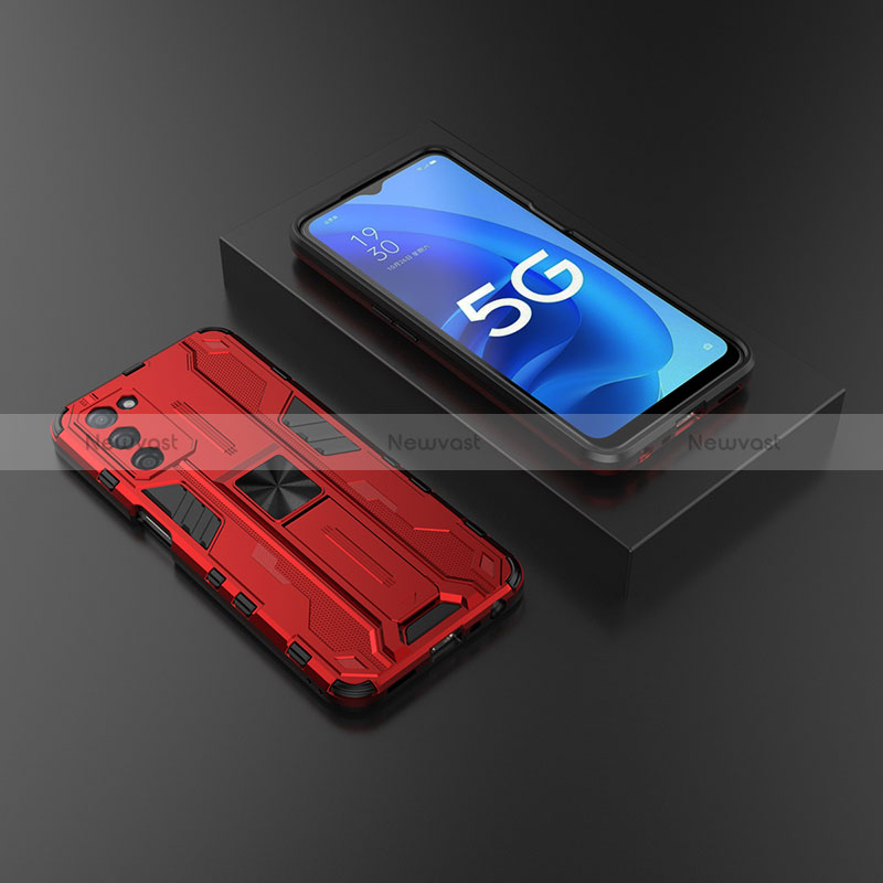 Silicone Matte Finish and Plastic Back Cover Case with Magnetic Stand T02 for Oppo A56 5G Red