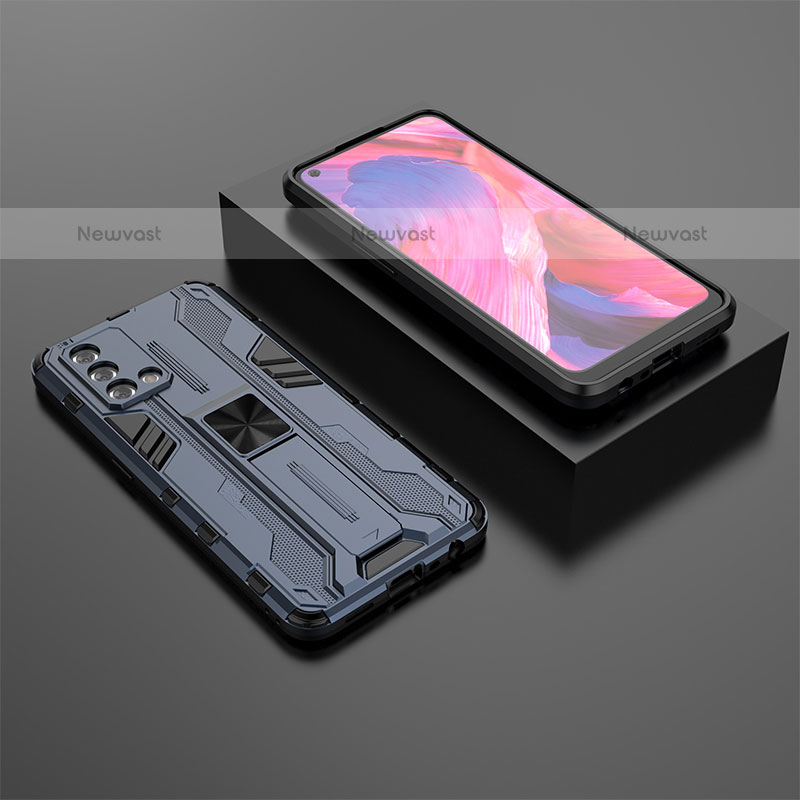 Silicone Matte Finish and Plastic Back Cover Case with Magnetic Stand T02 for Oppo A74 4G Blue