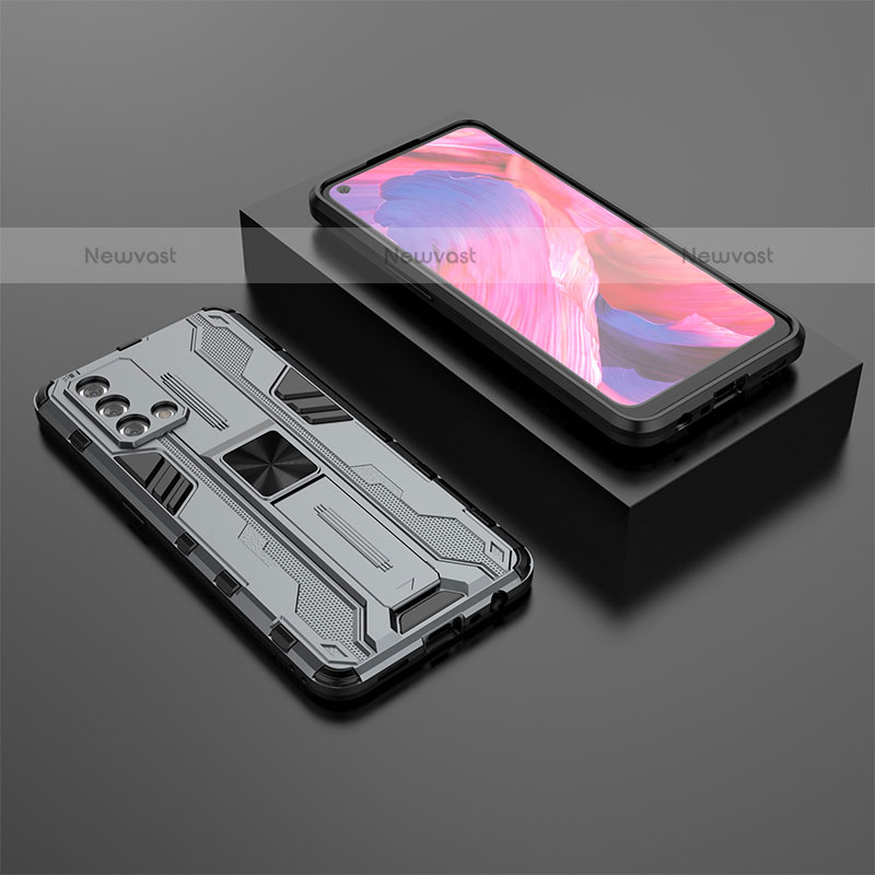 Silicone Matte Finish and Plastic Back Cover Case with Magnetic Stand T02 for Oppo A74 4G Gray
