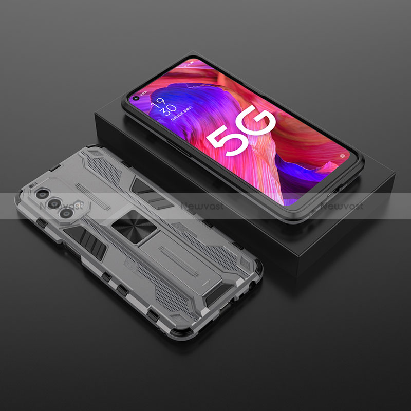 Silicone Matte Finish and Plastic Back Cover Case with Magnetic Stand T02 for Oppo A74 5G