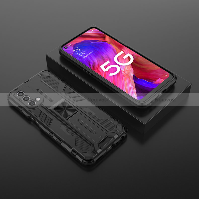 Silicone Matte Finish and Plastic Back Cover Case with Magnetic Stand T02 for Oppo A74 5G Black