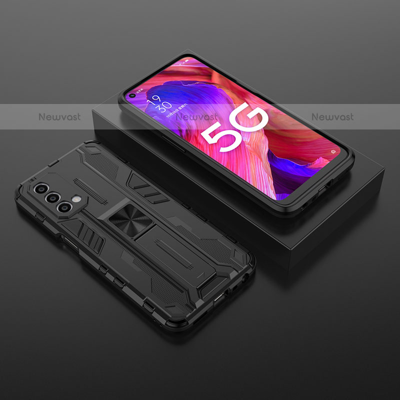 Silicone Matte Finish and Plastic Back Cover Case with Magnetic Stand T02 for Oppo A93 5G Black