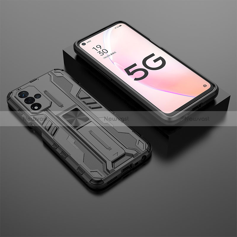 Silicone Matte Finish and Plastic Back Cover Case with Magnetic Stand T02 for Oppo A93s 5G Black