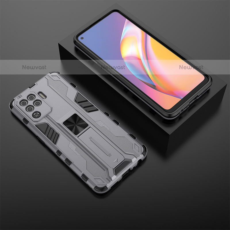 Silicone Matte Finish and Plastic Back Cover Case with Magnetic Stand T02 for Oppo A94 4G Gray