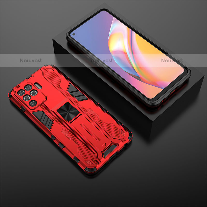 Silicone Matte Finish and Plastic Back Cover Case with Magnetic Stand T02 for Oppo A94 4G Red