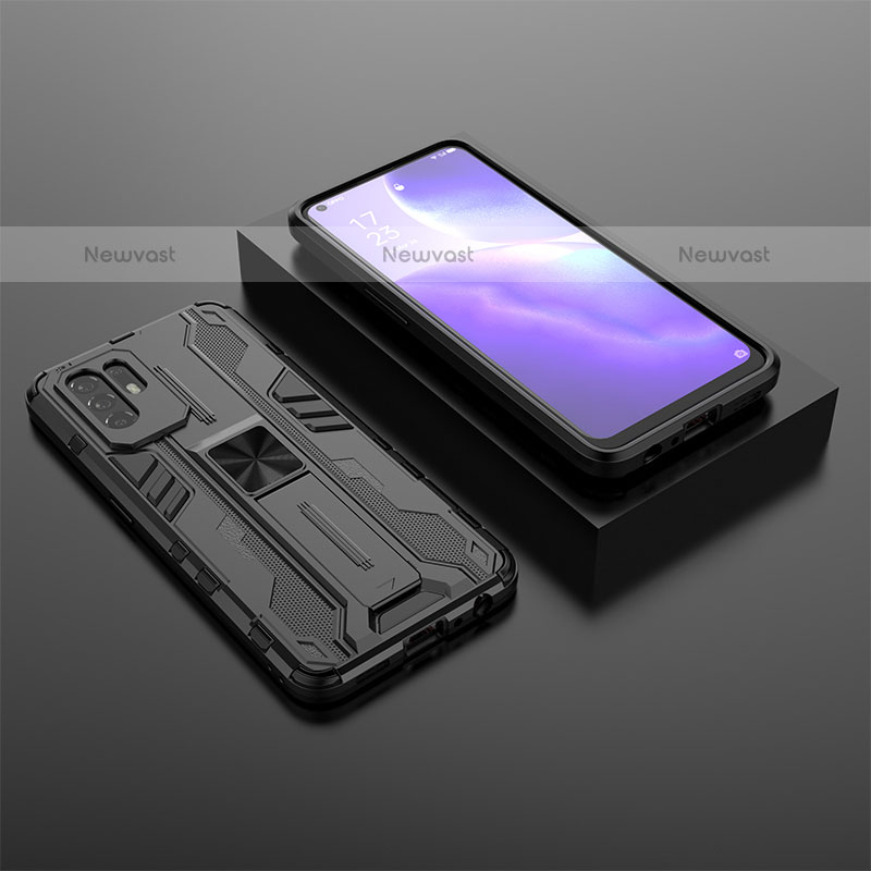 Silicone Matte Finish and Plastic Back Cover Case with Magnetic Stand T02 for Oppo A94 5G Black