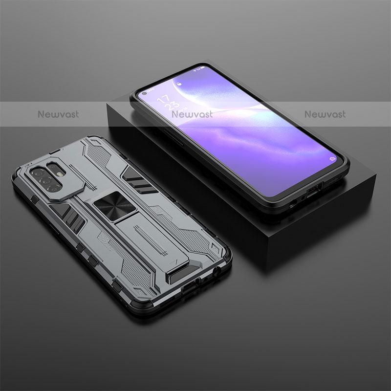 Silicone Matte Finish and Plastic Back Cover Case with Magnetic Stand T02 for Oppo A94 5G Gray