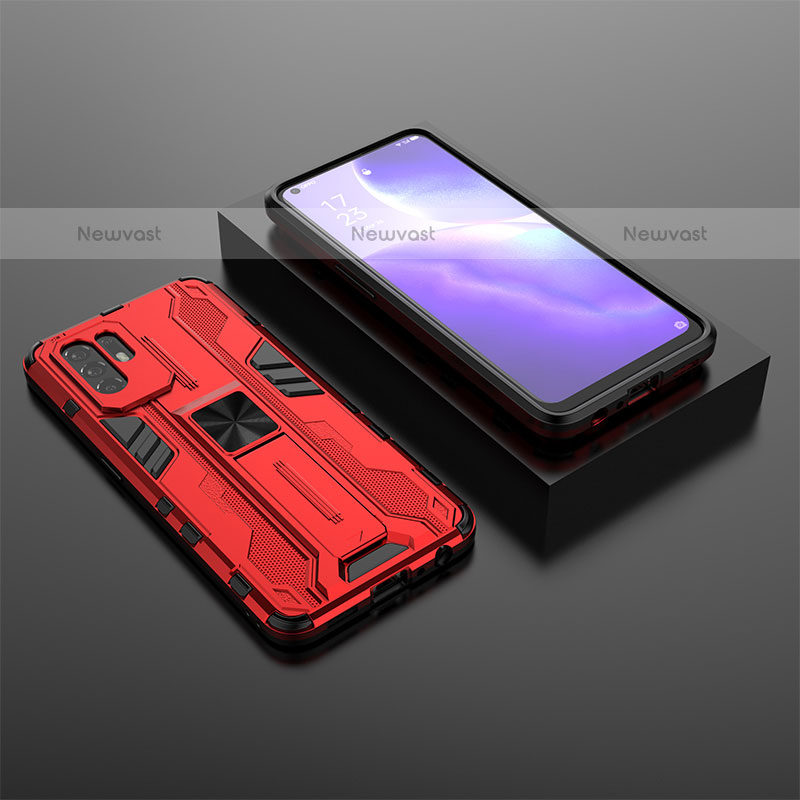 Silicone Matte Finish and Plastic Back Cover Case with Magnetic Stand T02 for Oppo A94 5G Red