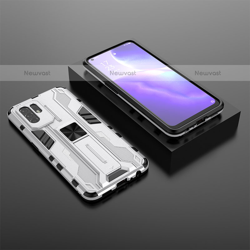 Silicone Matte Finish and Plastic Back Cover Case with Magnetic Stand T02 for Oppo A95 5G White