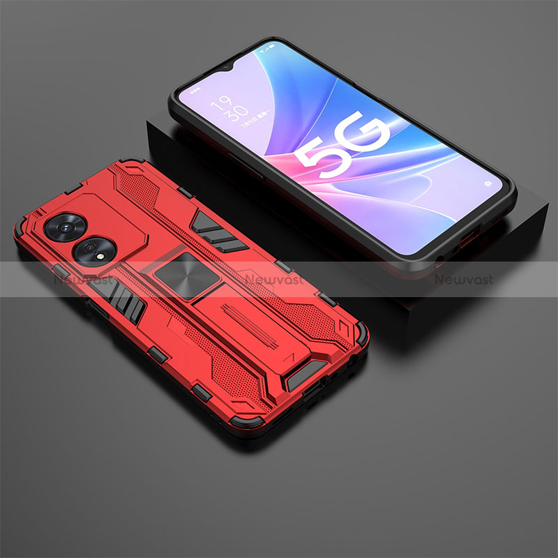 Silicone Matte Finish and Plastic Back Cover Case with Magnetic Stand T02 for Oppo A97 5G Red
