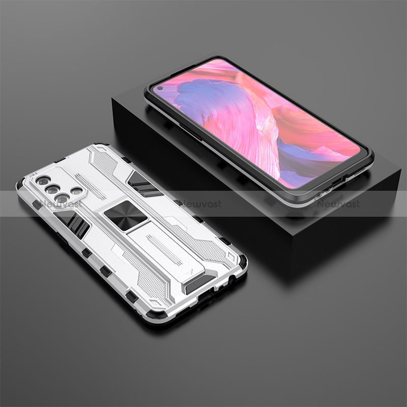 Silicone Matte Finish and Plastic Back Cover Case with Magnetic Stand T02 for Oppo F19 White