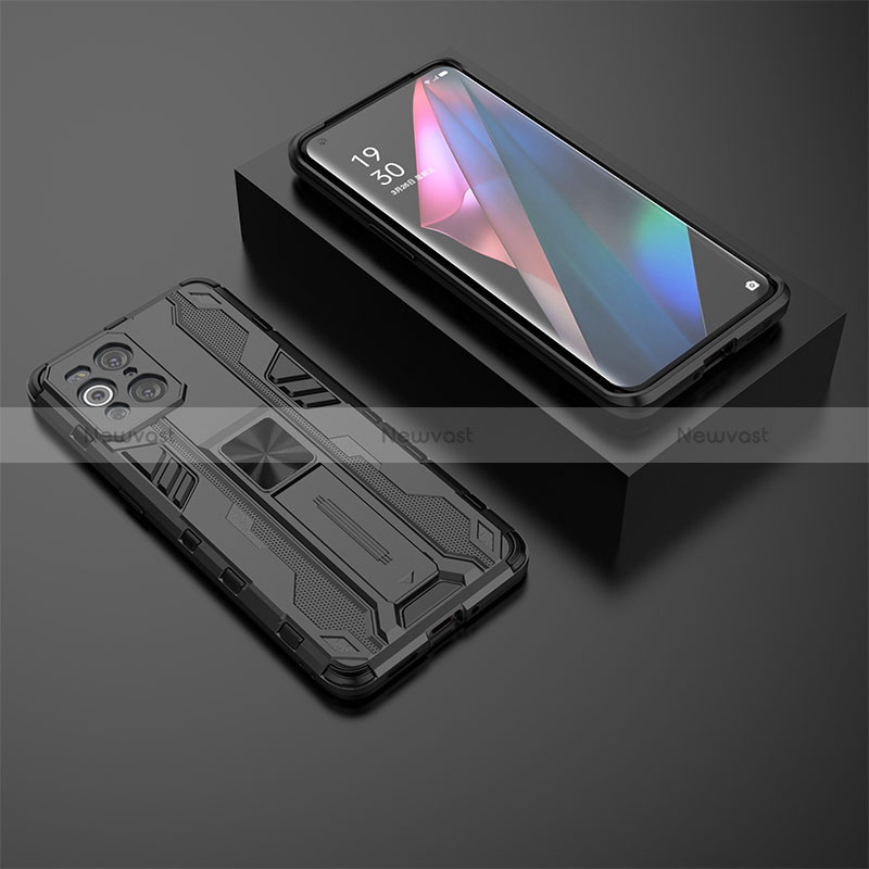 Silicone Matte Finish and Plastic Back Cover Case with Magnetic Stand T02 for Oppo Find X3 5G Black